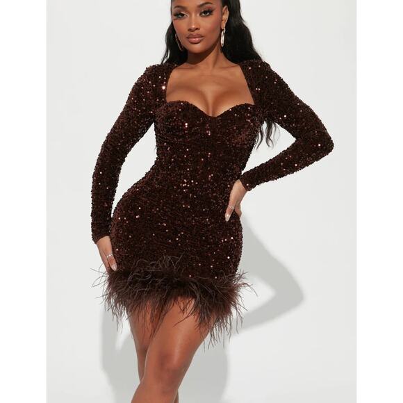 Sequined Long Sleeve Cocktail Dress mini bodycon velvet brown ostrich feather XS - Picture 1 of 12